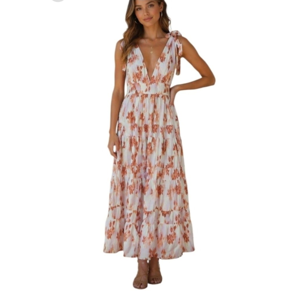 House of Harlow 1960 Women Linen Blend Tiered Maxi Dress Ikat Floral Large